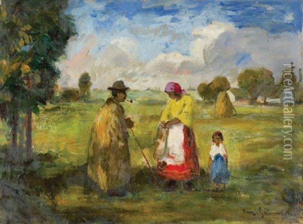 Family In The Field Oil Painting - Bela Ivanyi Gruenwald
