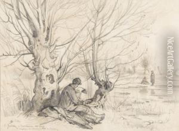 Ruhender Soldat In Baumbestandener Landschaft. Oil Painting - Auguste Bachelin