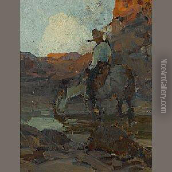 Mounted Horse At A Watering Hole Oil Painting - Frank Tenney Johnson