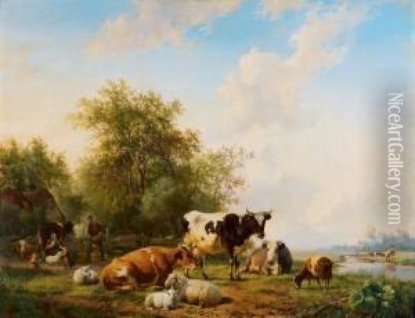 Kuhe Und Schafe Vor Einem Waldchen Bei Einemgewasser. Oil Painting - Hendrikus van den Sande Bakhuyzen