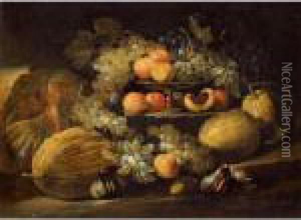 A Still Life Of Melons, Grapes, Figs And Apricots Arranged Over Some Stone Steps Oil Painting - Abraham Brueghel