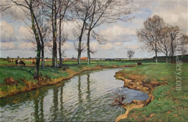 Niederrheinische Fluslandschaft Im Fruhling Oil Painting - Wilhelm Fritzel