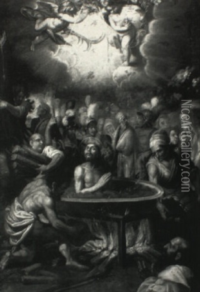 The Martyrdom Of Saint John The Evangelist Oil Painting - Hendrick De Clerck