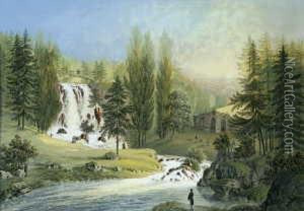Die Teufelsbrucke Im Schlosspark Wilhelmshohe Bei Kassel. Oil Painting - Johann Heinrich (II) Bleuler: