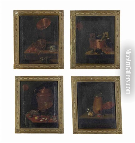 Copper Vessels, Oranges, Cherries And Vegetables On A Wooden Table And Others (4 Works) Oil Painting - Johannes Cordua