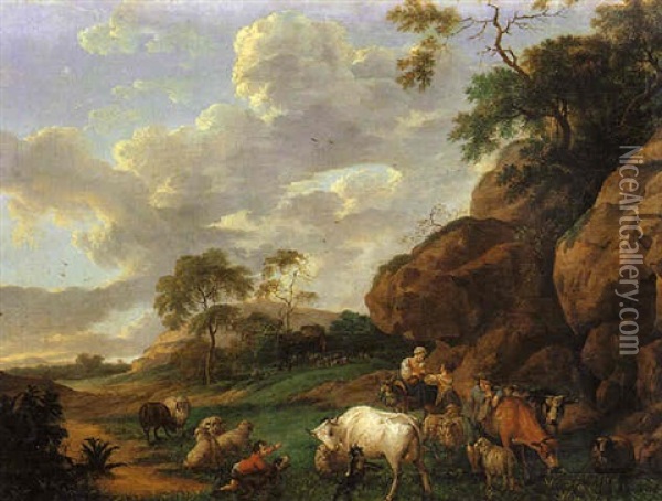 Repos Des Bergers Et De Leur Troupeau Dans Un Paysage Oil Painting - Johannes I Janson
