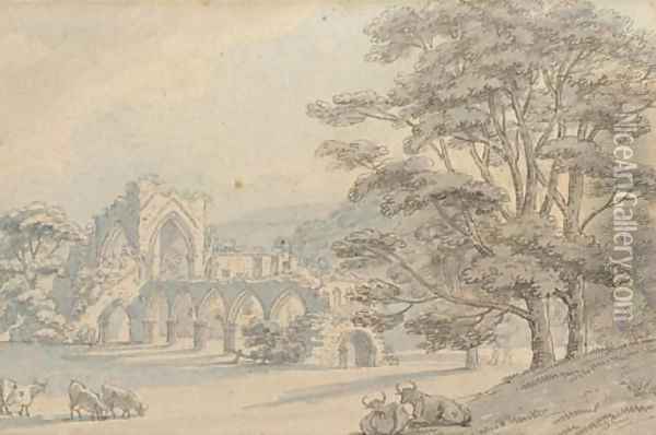 Cattle grazing before Tintern Abbey (illustrated); and A lake in the Highlands Oil Painting - Thomas Sunderland
