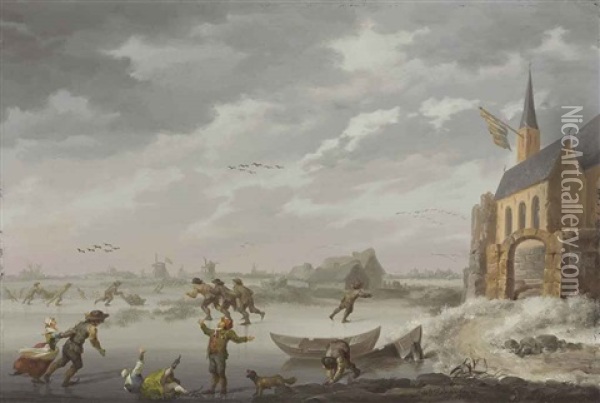 Skaters On A Frozen Lake, With Windmills And A Town Beyond Oil Painting - Johannes Willem Tingeler