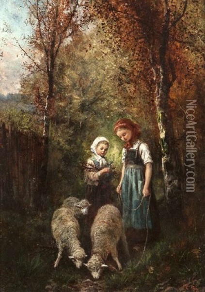 Girls With Sheep In A Woodland (pair) Oil Painting - James Crawford Thom