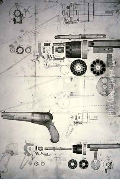 Original plans for a ten-chamber revolver which later became the six-chamber patented in 1836, c.1830 Oil Painting - Samuel Colt