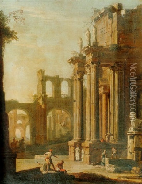 Capriccio Of Classical Ruins With Figures Oil Painting - Marco Ricci