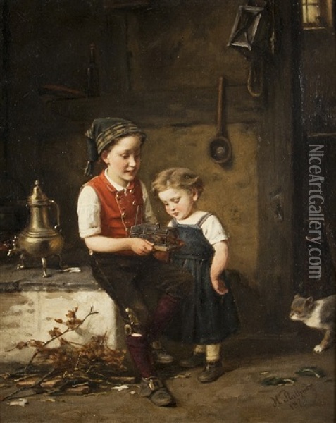 Geschwister In Der Stube Oil Painting - Hermann Plathner