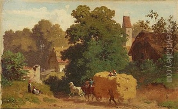 Strohwagen Vor Bauerngehoft Oil Painting - Julius Noerr