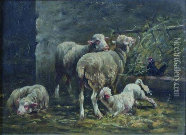 Moutons A La Bergerie Oil Painting - Albert Charpin