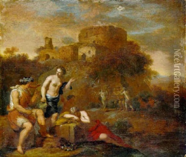 Bacchus Drinking The Nymphs, The Drunken Silenus By A Ruined Tower Oil Painting - Dirck Van Der Lisse