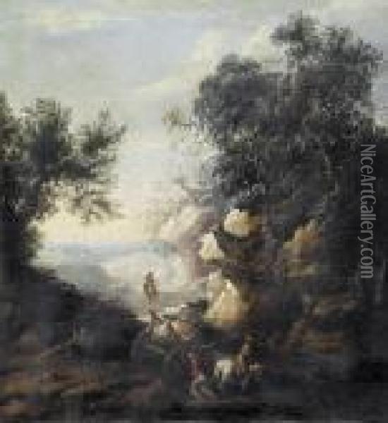 Sudliche Landschaftspartie Mit Karren Und Figurenstaffage. Oil Painting - Alessandro Magnasco
