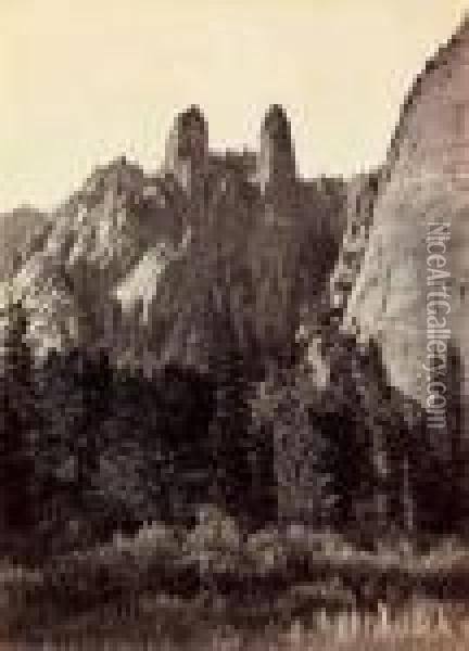Cathedral Spires, 2200 Feet, Yosemite Oil Painting - Carleton E. Watkins
