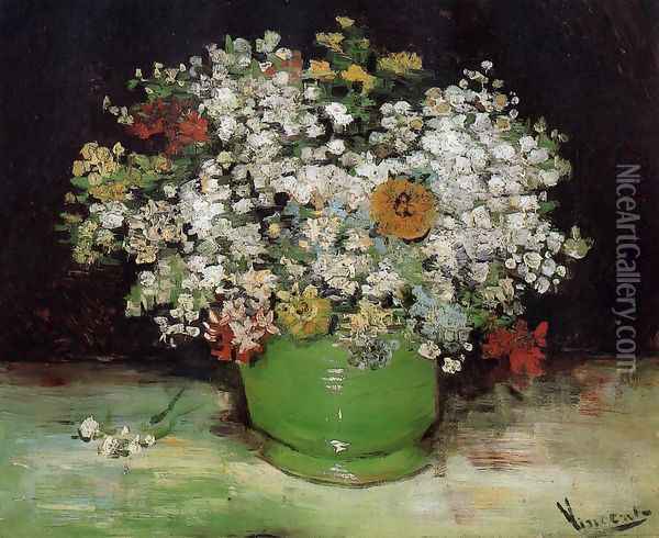Vase With Zinnias And Other Flowers Oil Painting - Vincent Van Gogh