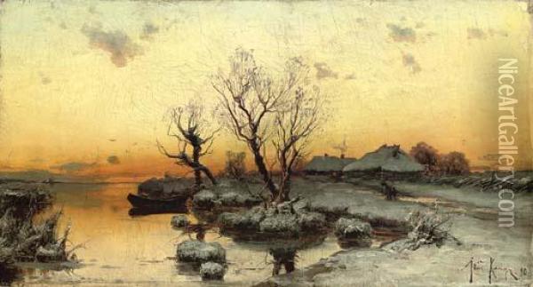 Russian Lakeside In Winter Oil Painting - Iulii Iul'evich (Julius) Klever