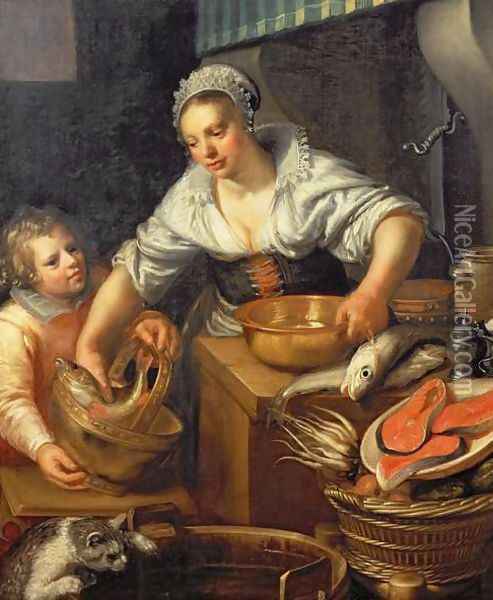 A Kitchen Scene Oil Painting - Jeremias van Winghen or Wingen