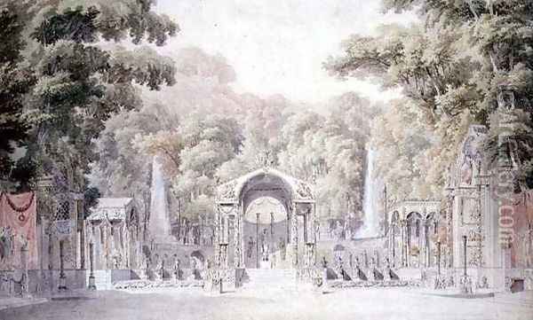 Design for a Stage Set with a Temple of Venus in a Wooded Garden for Gretrys Anacreon, 1792 Oil Painting - Charles Percier