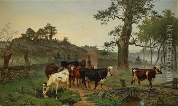 Landskap Med Boskap Vid Stenbro - Aftonstamning Oil Painting - Bengt-Johan-Gustaf Brandelius
