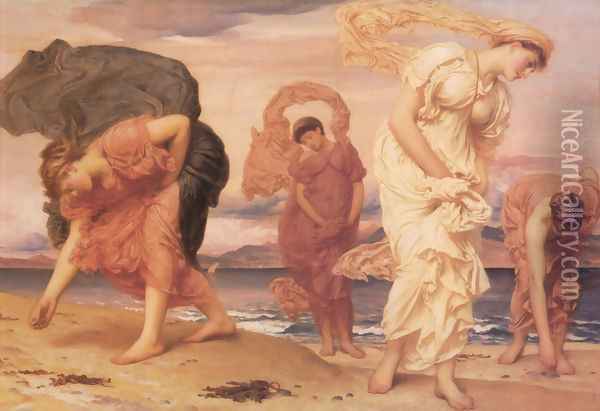 Greek Girls Picking Up Pebbles By The Sea Oil Painting - Lord Frederick Leighton