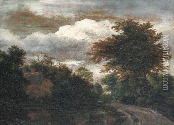 A Wooded Landscape With A Traveller On A Path By A Pond Oil Painting - Jacob Van Ruisdael