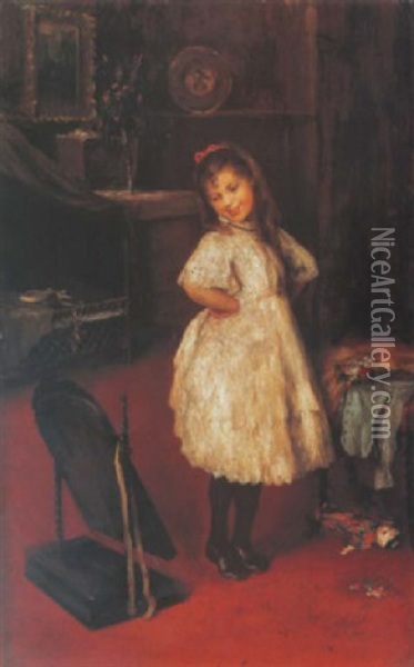 Kislany A Tukor Elott (little Girl In Front Of A Mirror) Oil Painting - Artur Lajos Halmi
