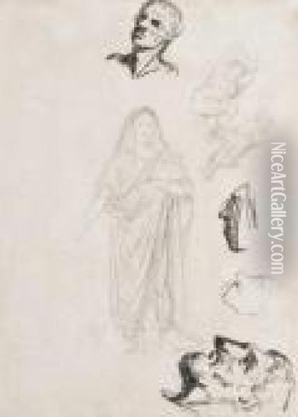 Feuille D'etudes Avec Quelques Tetes Et Figure Drapee Oil Painting - Honore Daumier