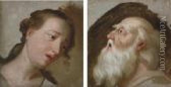 Two Studies Of Heads: Head Of Lear; And Head Of Cordelia Oil Painting - George Romney