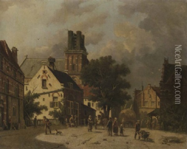 Townsfolk On A Square Oil Painting - Adrianus Eversen
