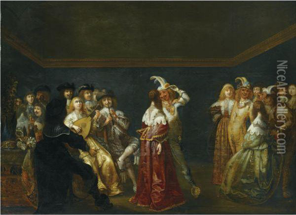 A Bal Masque With Figures In An Interior Oil Painting - Antonie Palamedesz