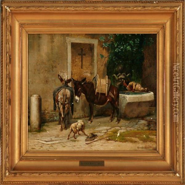 A Scene From Italy With Donkeys And A Boy Drinking From A Fountain Oil Painting - Simon Simonson