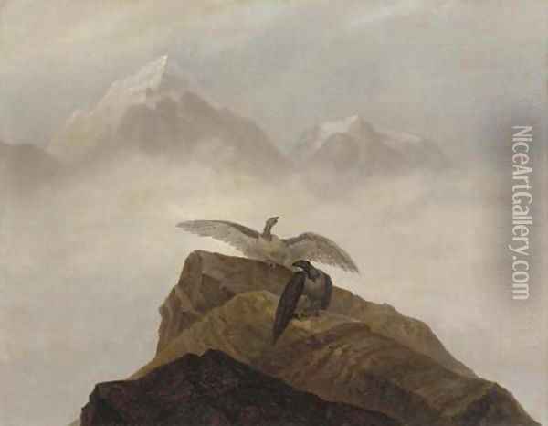 Phantasie aus der Alpenwelt. Adler, die auf einem Alpenhorn nisten Oil Painting - Carl Gustav Carus