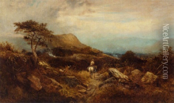 A Traveller On Horseback In A Highland Landscape Oil Painting - William Roe