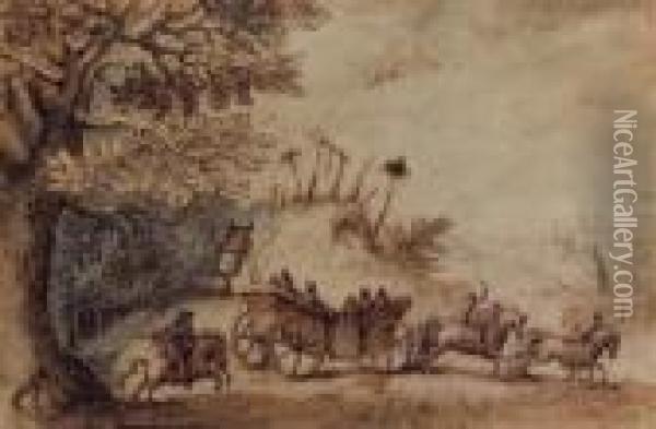 Coach And Four Driving From Woods Past At Gibbet Oil Painting - Matthaus the Elder Merian