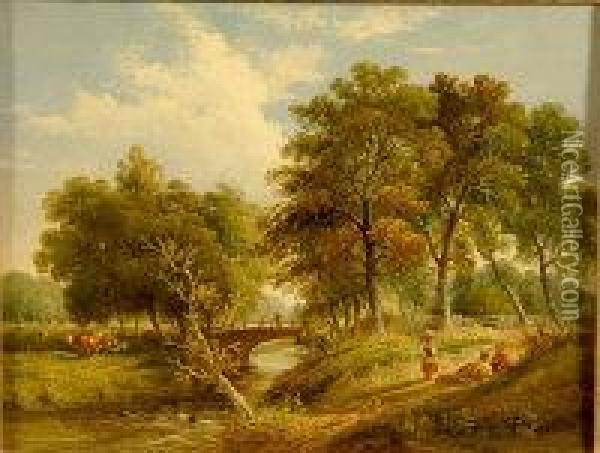 East Anglian River Landscape Scene With Figures Resting And Cattle Grazing Oil Painting - Samuel David Colkett