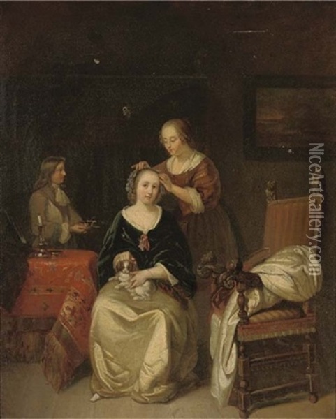 An Elegant Lady Seated At Her Table With A Dog On Her Lap, A Maid Tying Ribbons In Her Hair Oil Painting - Gerard ter Borch the Younger