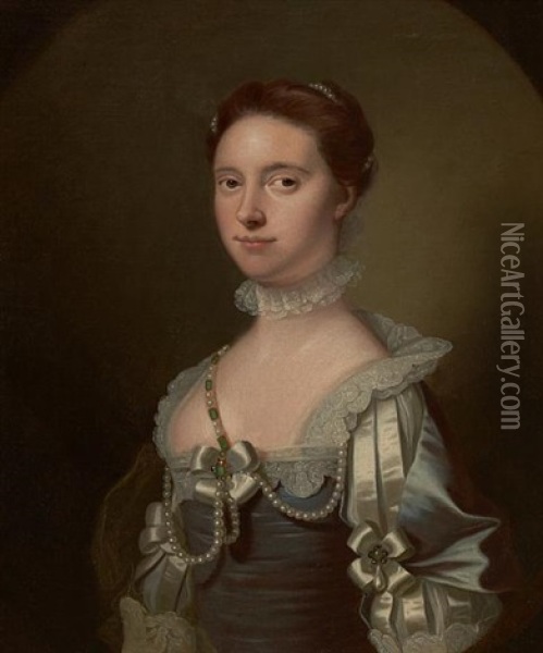 Barbara, Lady Johnstone Of Westerhall, In A Blue Gray Dress Oil Painting - Allan Ramsay