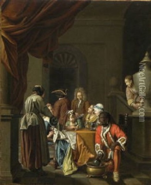 Musizierende Gesellschaft Im Salon (+ Vornehme Familie Beim Weintrinken In Der Halle; Pair) Oil Painting - Pieter Jacob Horemans