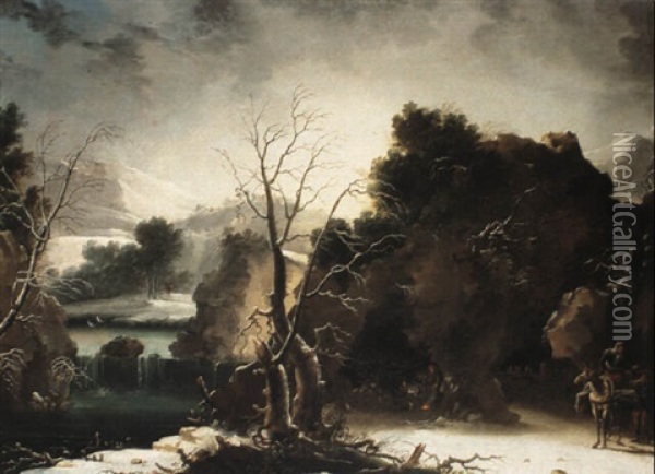 Figures In A Winter Landscape Oil Painting - Gerard Van Edema