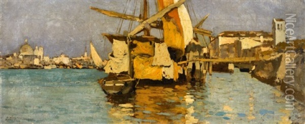 A Sailing Boat On The Canale Della Giudecca Oil Painting - Guglielmo Ciardi