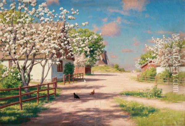 Chickens On A Village Road Oil Painting - Johan Krouthen