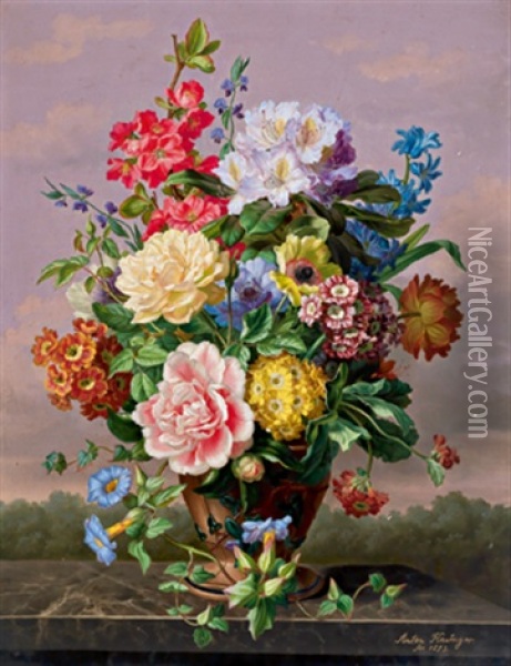 Groses Blumenstuck Mit Rosen, Tulpen, Schlusselblumen, Hyazinthe, Iris Und Wicken Oil Painting - Anton Hartinger