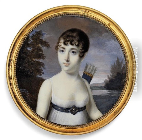 A Young Lady As Diana The Huntress In A Landscape, In Decollete White Dress With Blue Belt With Diamond-shaped Buckle Oil Painting - Vincent Bertrand