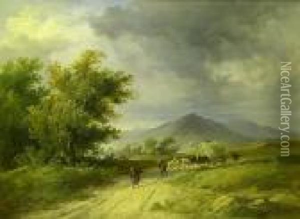 Figures With Horse And Cart In A Landscape Oil Painting - Samuel Bough
