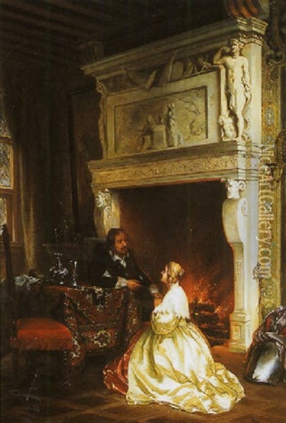 Figures In An Interior Oil Painting - Arie Johannes Lamme