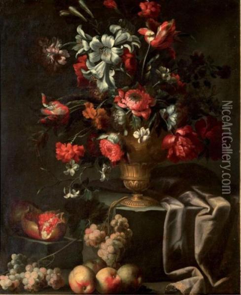 Fleurs Dans Un Vase De Bronze, Grenades, Et Raisins Oil Painting - Abraham Brueghel