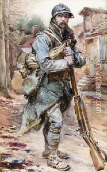 Soldat Vor Einem Gebaude. Oil Painting - Alphonse Lalauze
